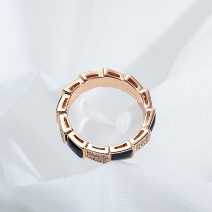 [⭐JeweliWhal]SERPENTI RING PINK GOLD BLACK MOP DIAMOND PAVED 4MM