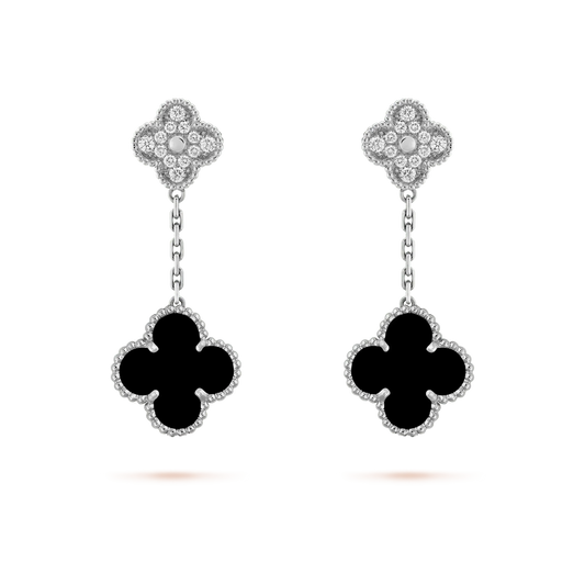 [⭐JeweliWhal]CLOVER 2 MOTIFS  DIAMOND ONYX EARRINGS SILVER