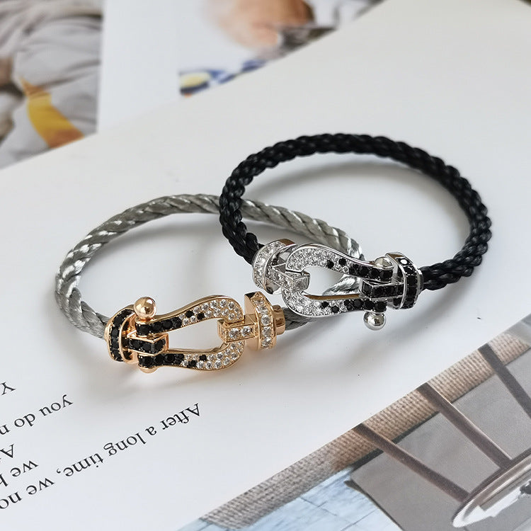 [⭐JeweliWhal]FORCE LARGE HORSESHOE BLACK WHITE DIAMOND BRACELET SILVER