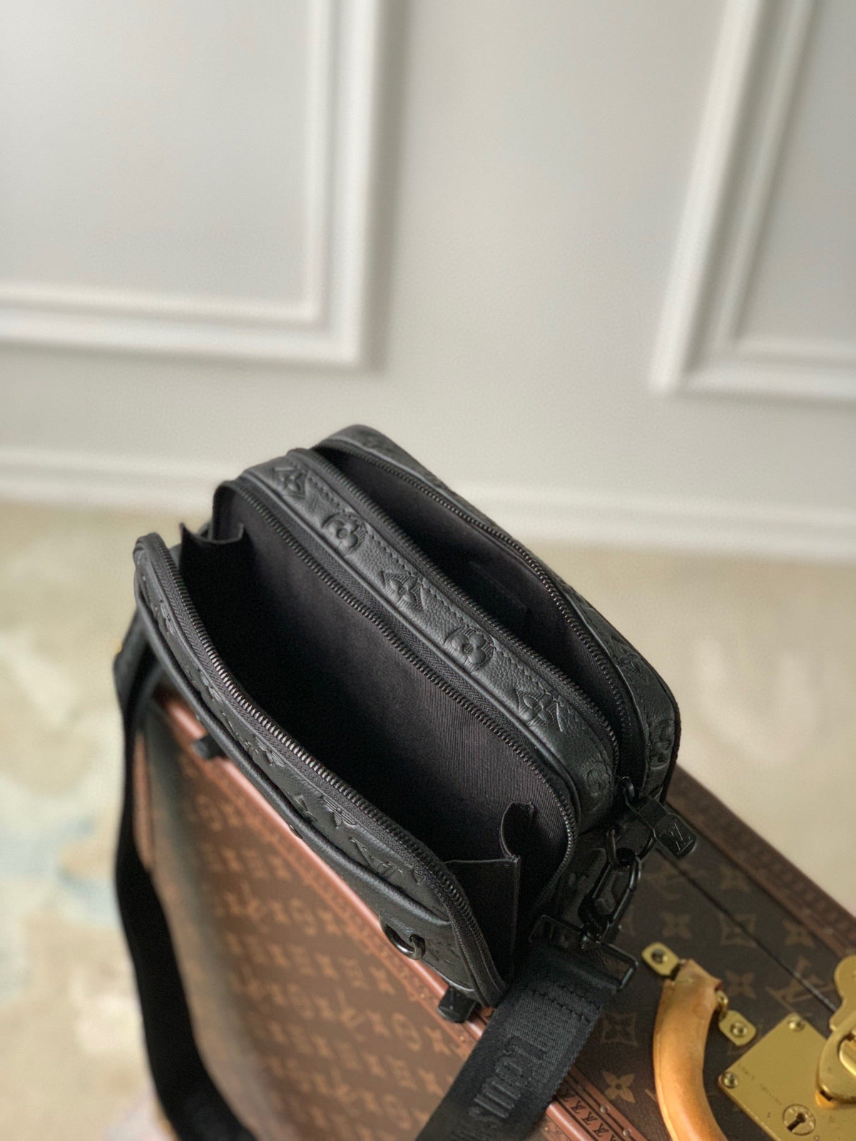 ALPHA NANO BAG 24 IN BLACK MONOGRAM SHADOW EMBOSSED COWHIDE