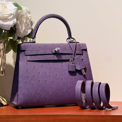 KELLY SELLIER 25 BAG IN ROYAL PURPLE OSTRICH LEATHER WITH SILVER HARDWARE (MADE-TO-ODER)